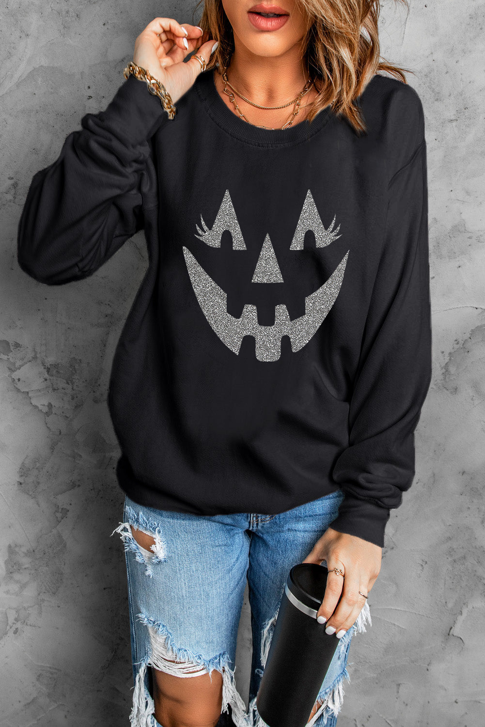 Black Spooky Halloween Transfer Vinyl Process Graphic Sweatshirt 5ac013f4d9c780a6