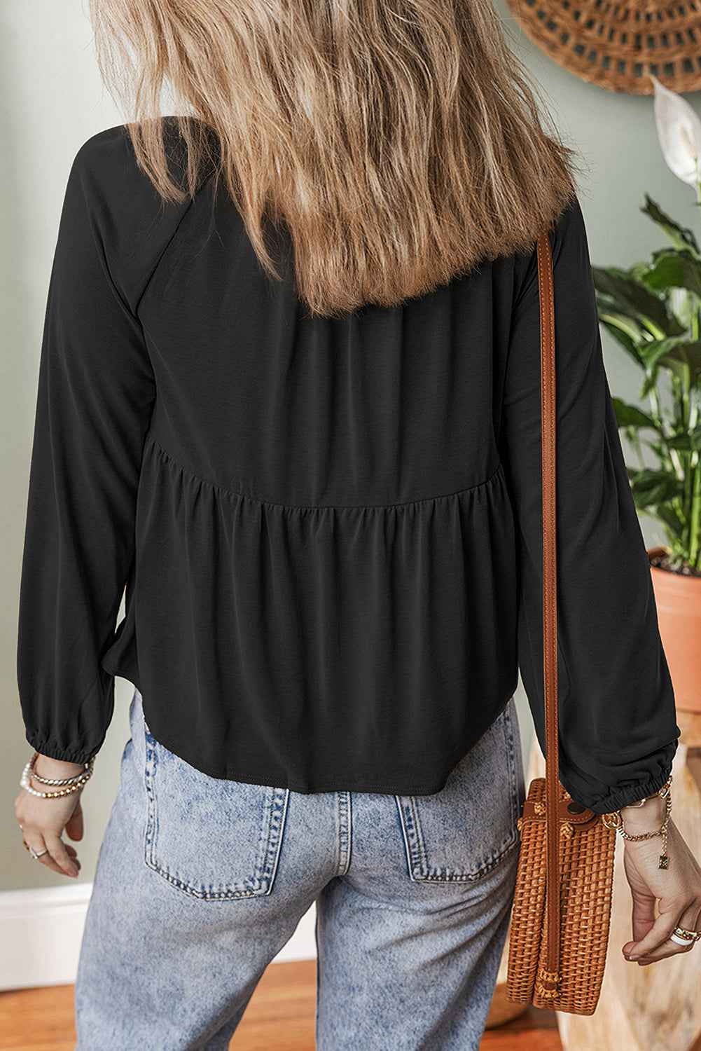 Black Smocked Bust Buttoned Split V Neck Flowy Blouse 5ac4903891e2be36
