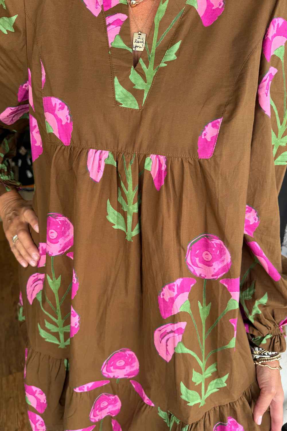 Brown Contrast Floral Print Babydoll Tunic Ruffled Hem Puff Sleeve Dress 5ac9fa996bcec620