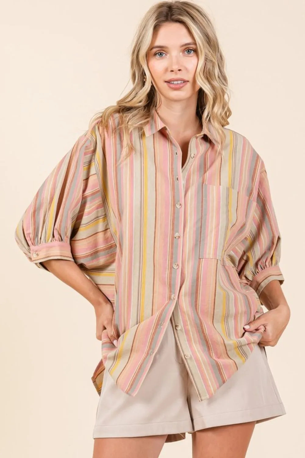 Mittoshop Striped Bubble Sleeve Button Down Shirt 5aca2efe-5cc7-469d-ba86-5d740a914745-Max