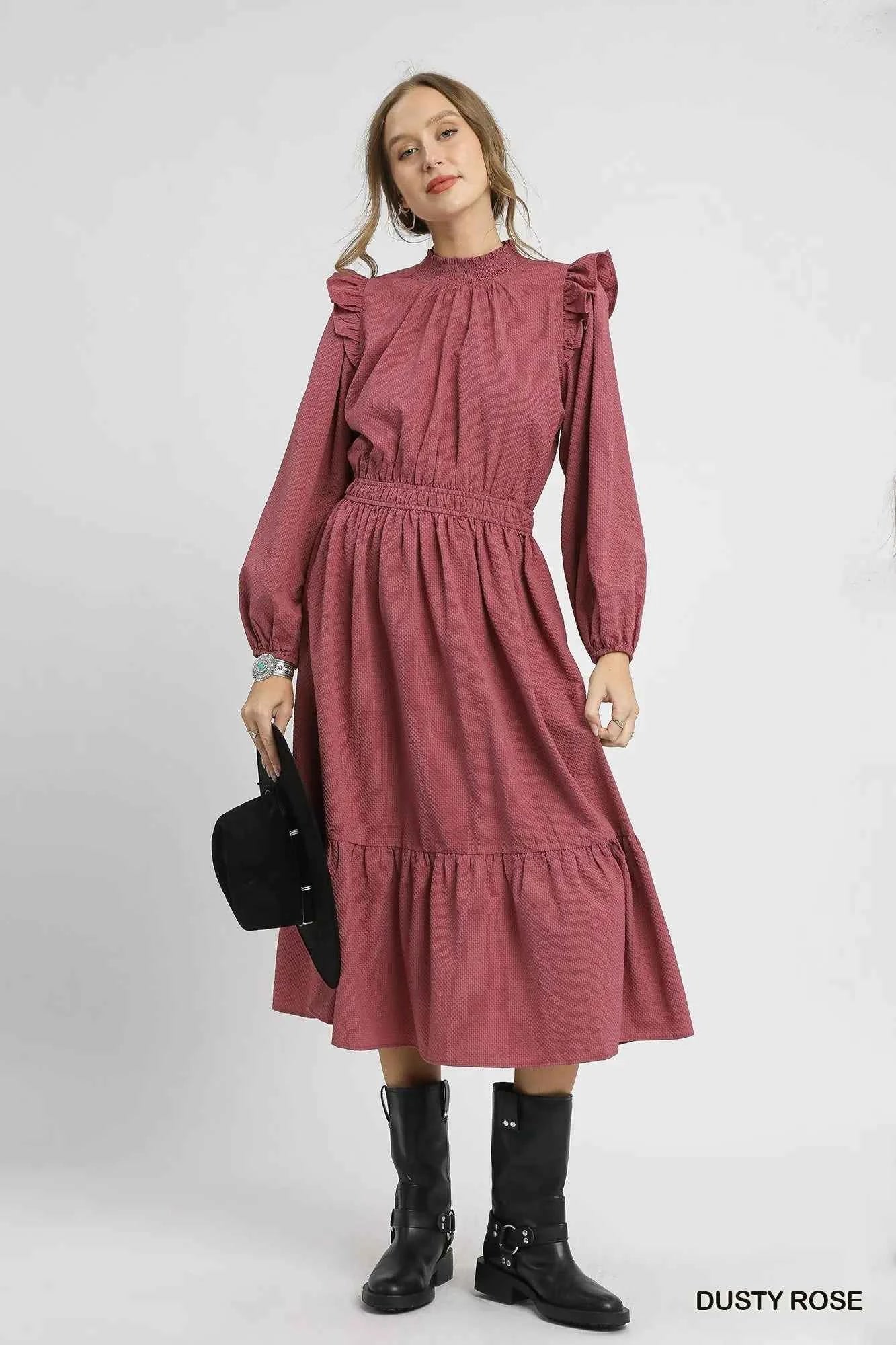 Umgee Textured Midi Dress with Ruffle Shoulder Detail 5acd00cf-09a4-4e74-b598-82de164bcfe2-Max-Origin