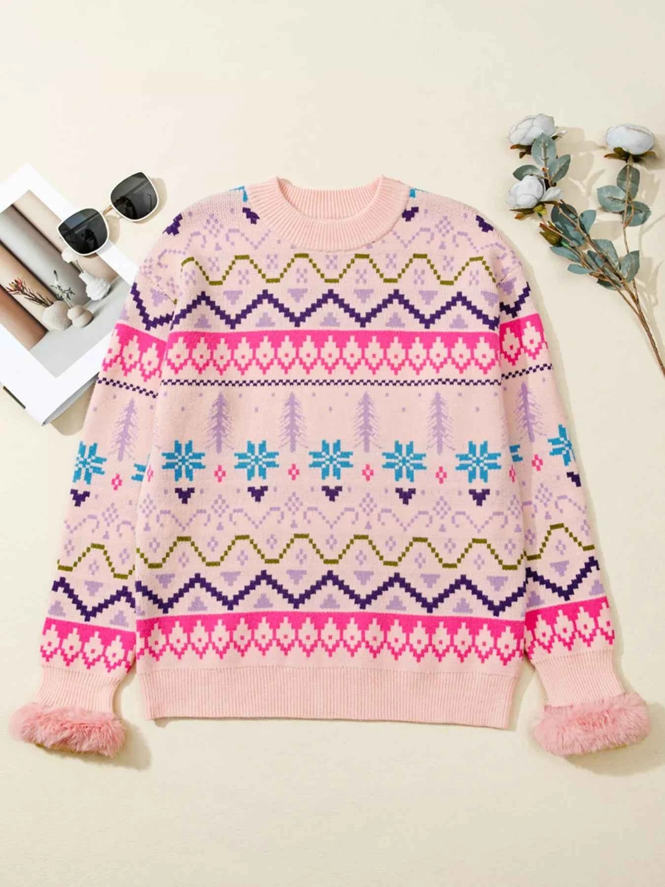 Multicolour Ethnic Christmas Pattern Knit Feather Cuffed Sweater 5adac0e041404a2cb7890bf266032651-Max-Origin