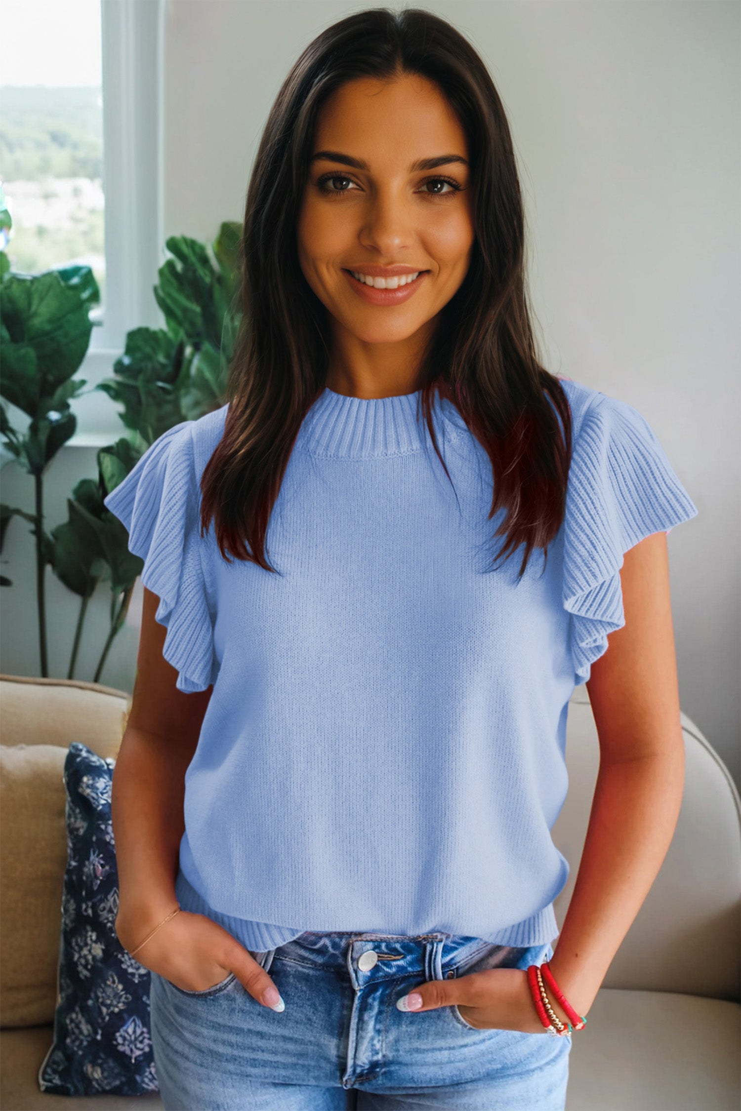 Beau Blue Solid Color Ribbed Trim Round Neck Ruffle Short Sleeve Sweater 5adeed6d9e676c8e