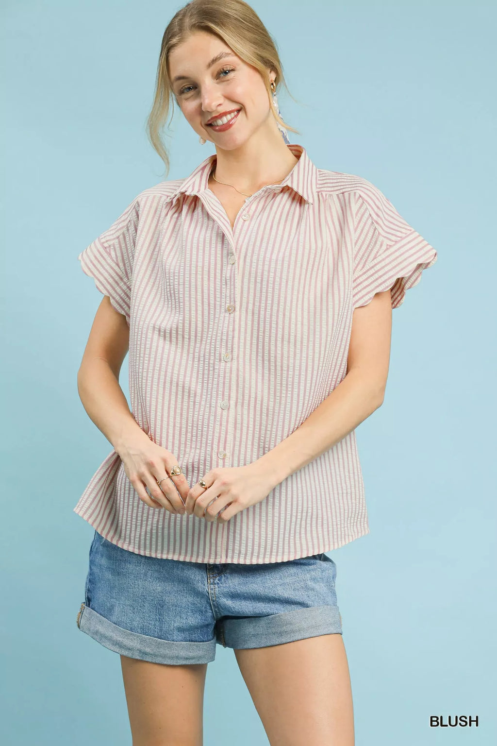 Umgee Striped Button-Down Top with Scallop Sleeves BLUSH 5ae24d40-6e21-4c4b-bb3e-0d881c0e49e8-Max-Origin
