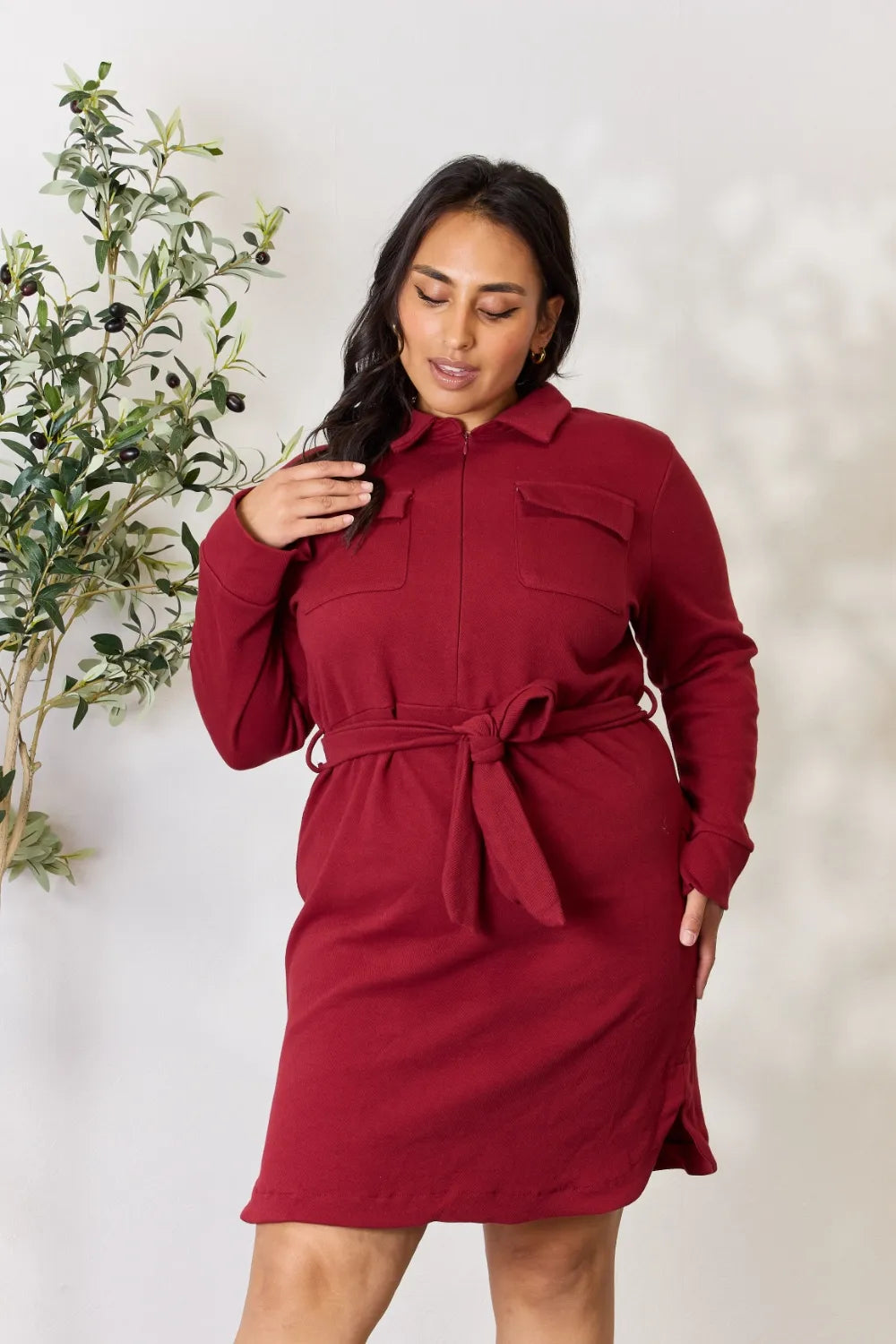 Culture Code Full Size Tie Front Half Zip Long Sleeve Shirt Dress BURGUNDY 5ae3b16e178e4bc9bd0ac48f5b88965d-Max