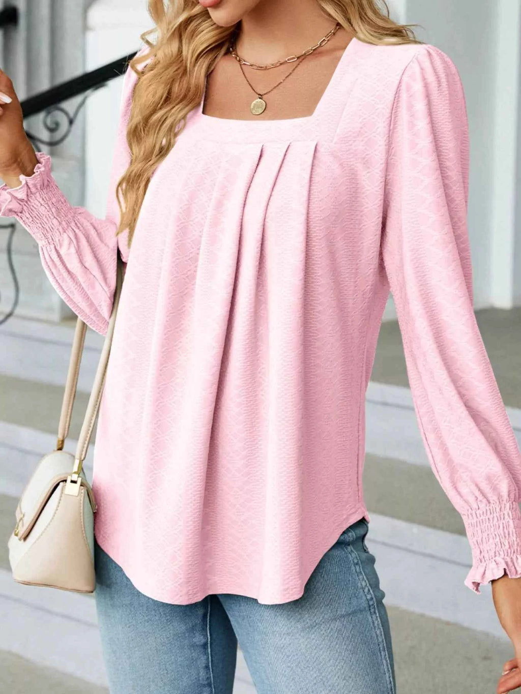 Pleated Square Neck Long Sleeve Top 5ae68155-14a9-4496-a4c8-b1b7705c15f7-Max-Origin