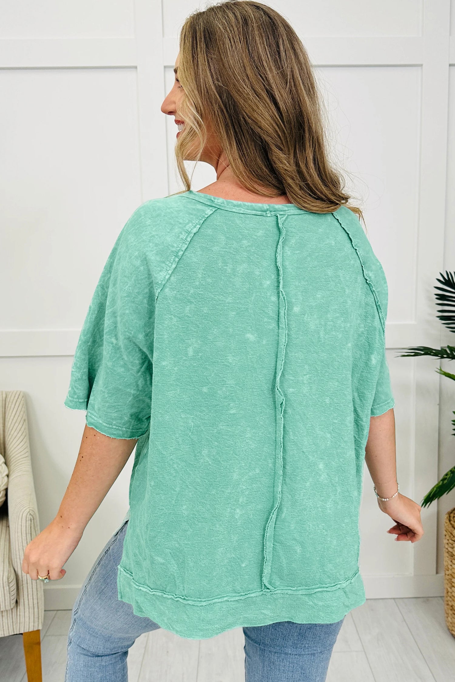 Mint Green Half Buttons Raw Seam Raglan Sleeve Mineral Wash T Shirt 5ae6c27980de08d3