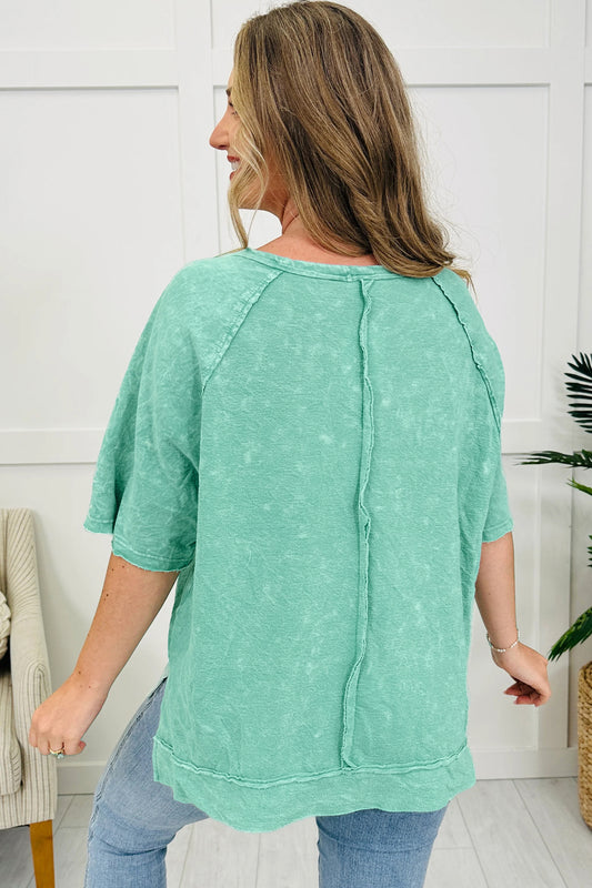 Mint Green Half Buttons Raw Seam Raglan Sleeve Mineral Wash T Shirt 5ae6c27980de08d3