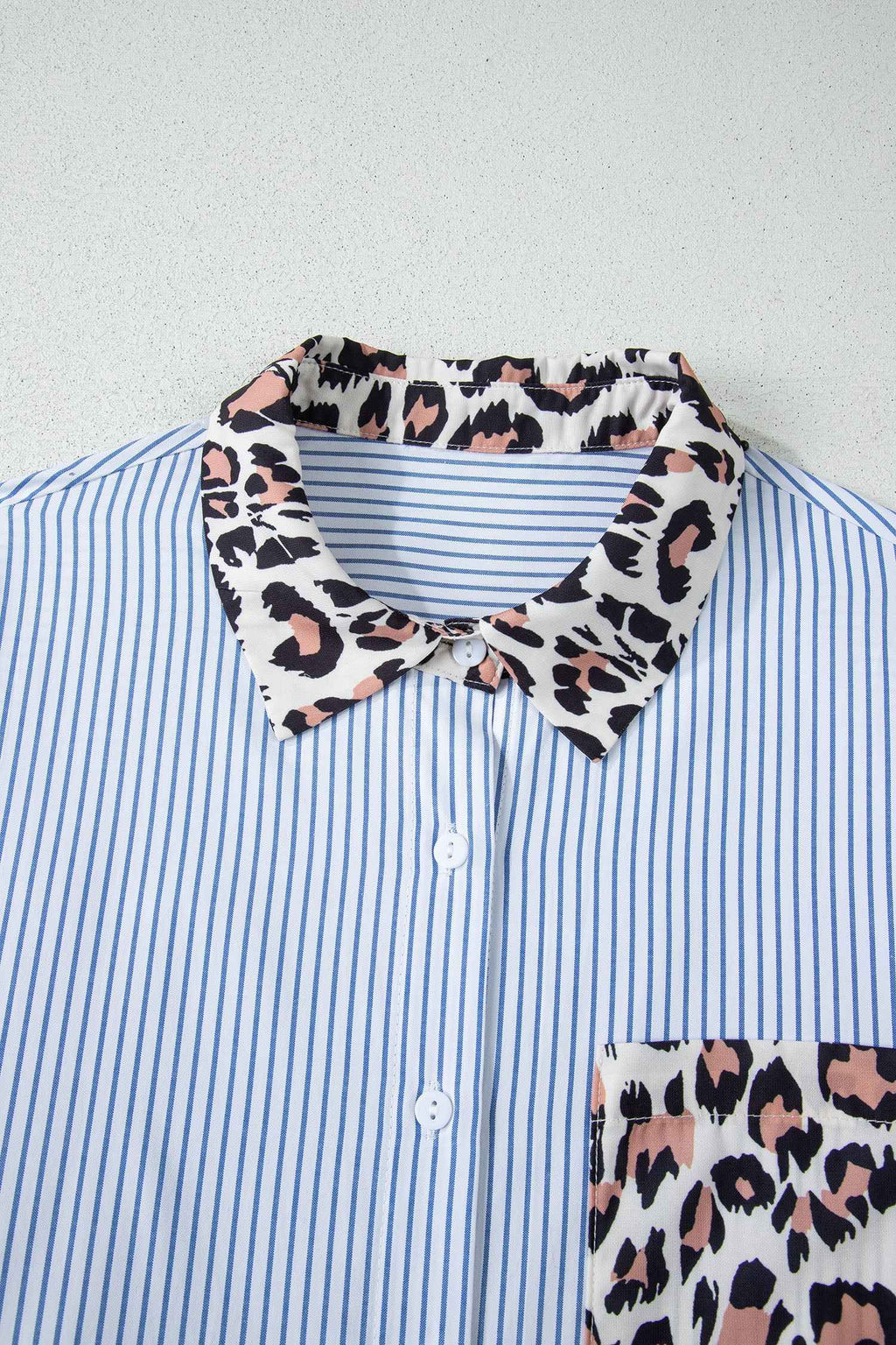 Sky Blue Stripe Colorblock Leopard Patchwork Chest Pocket Cuffed Sleeve Shirt 5ae7f4d689a7258c