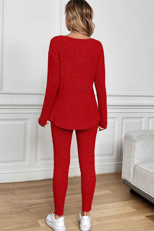 Racing Red Ribbed Notched Neck Knit Long Sleeve Leggings Two Pieces Lounge Set 5aeff623f5ee113f
