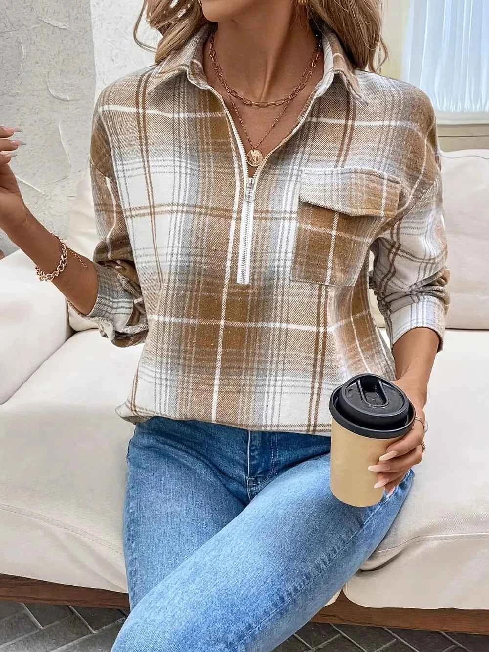Plaid Collared Neck Half Zip Long Sleeve Top 5af050e4-3d14-4fa0-b770-40a163f1d760-Max
