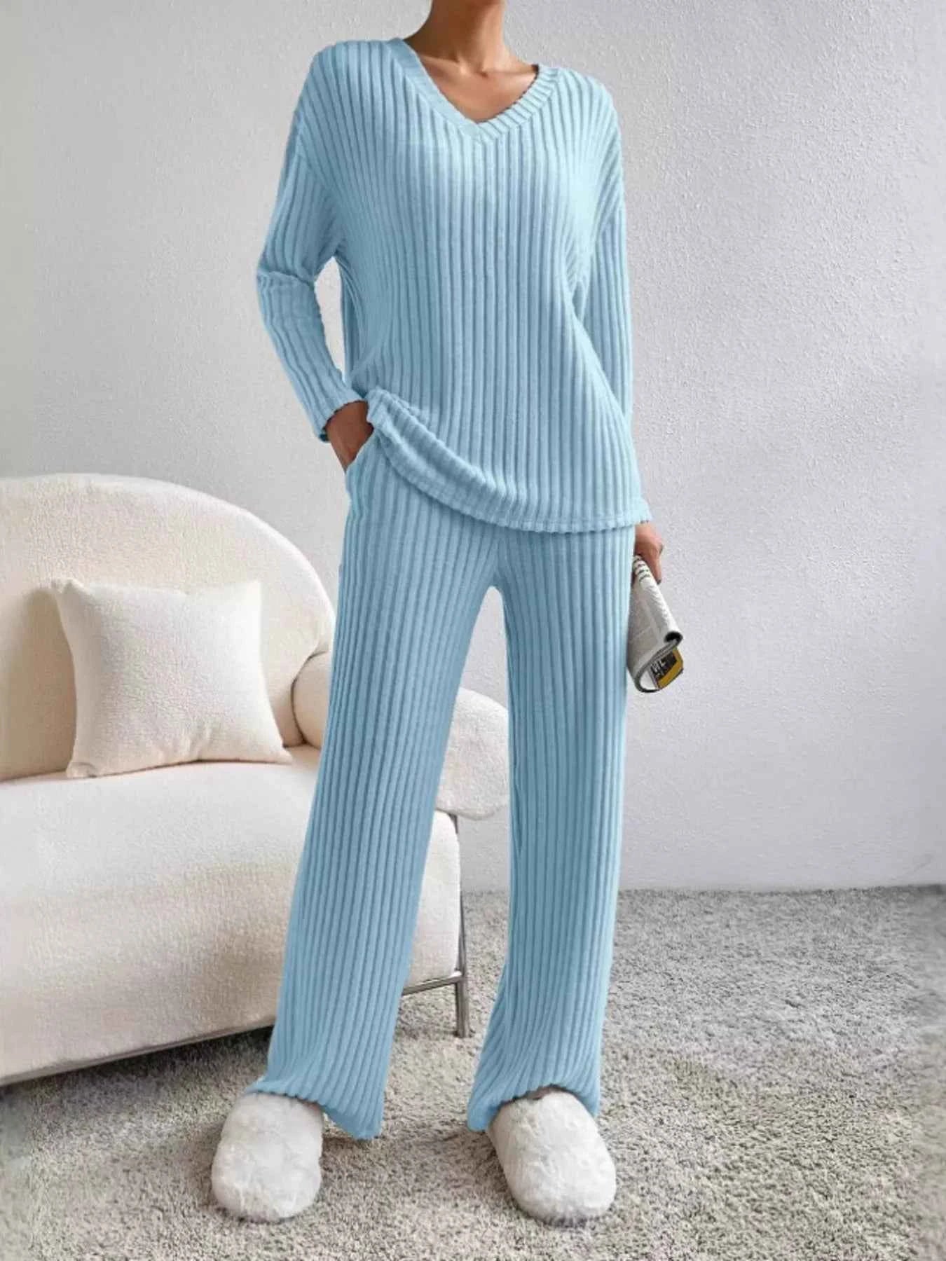 Ribbed V-Neck Top and Pants Set 5af4cf6a5e814d75a21a26c413f8e84f-Max-Origin