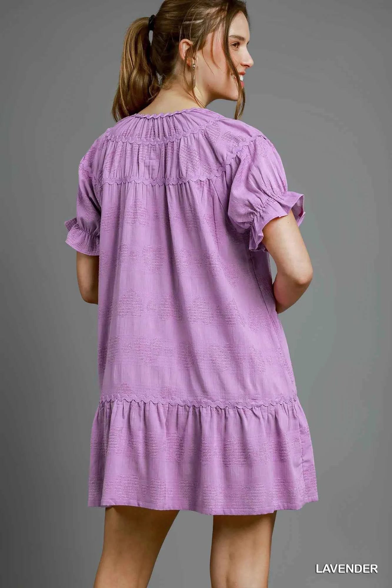 Umgee Heart Pattern Short Sleeve Ruffle Babydoll Dress 5af9141a-3591-49f1-8d5e-40e6c14f37d2-Max-Origin