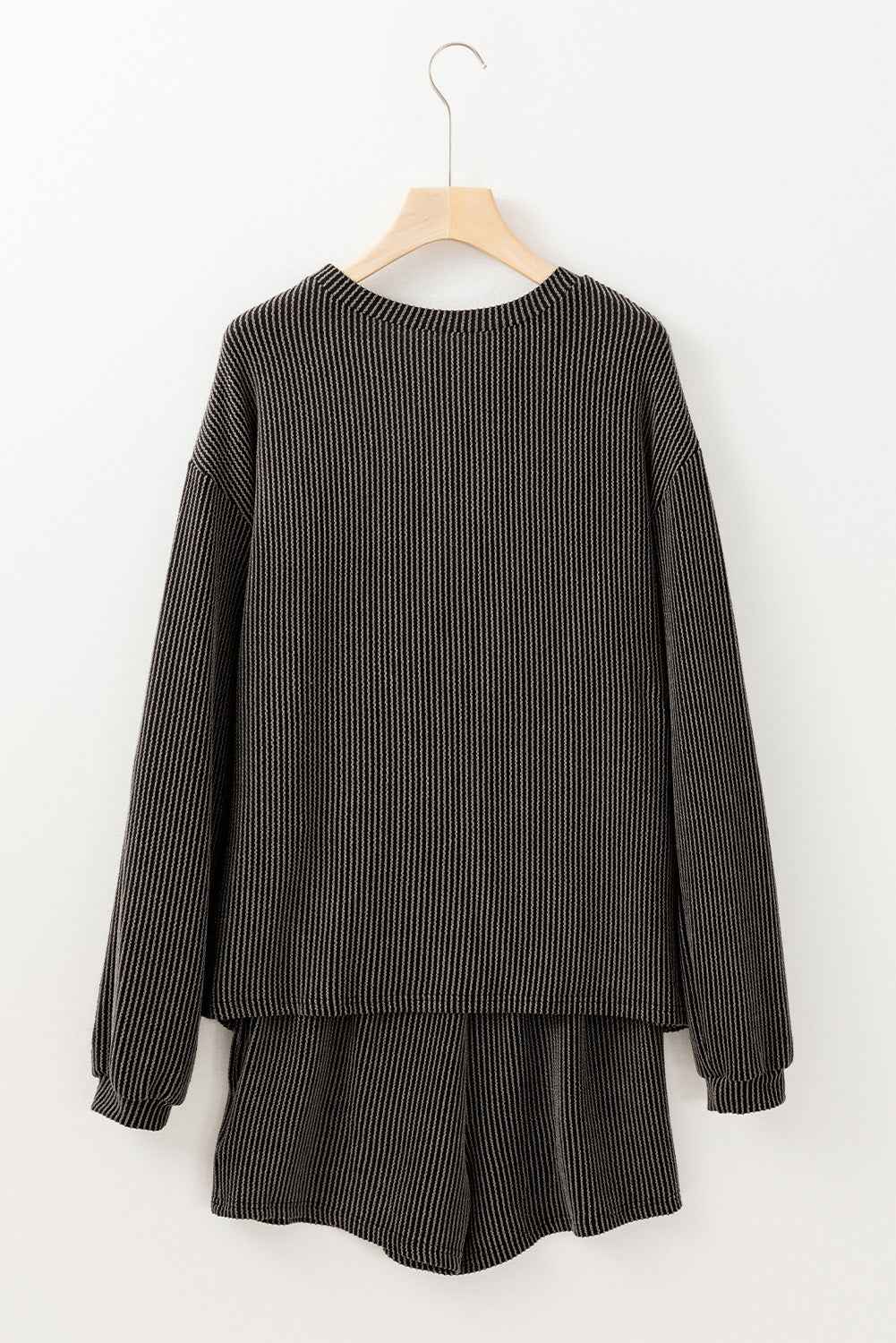 Carbon Grey Twisted Ribbed Merry & Bright Sequin Graphic Long Sleeve Top 2pcs Short Set 5af9bc8f821fa4ed