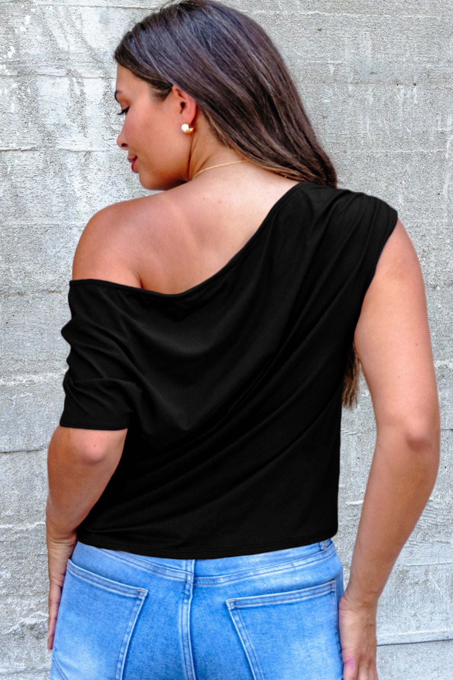 Blue Sapphire Plus Size Solid Color Asymmetric Neck Short Sleeve Blouse 5b05cee9b9e0c816