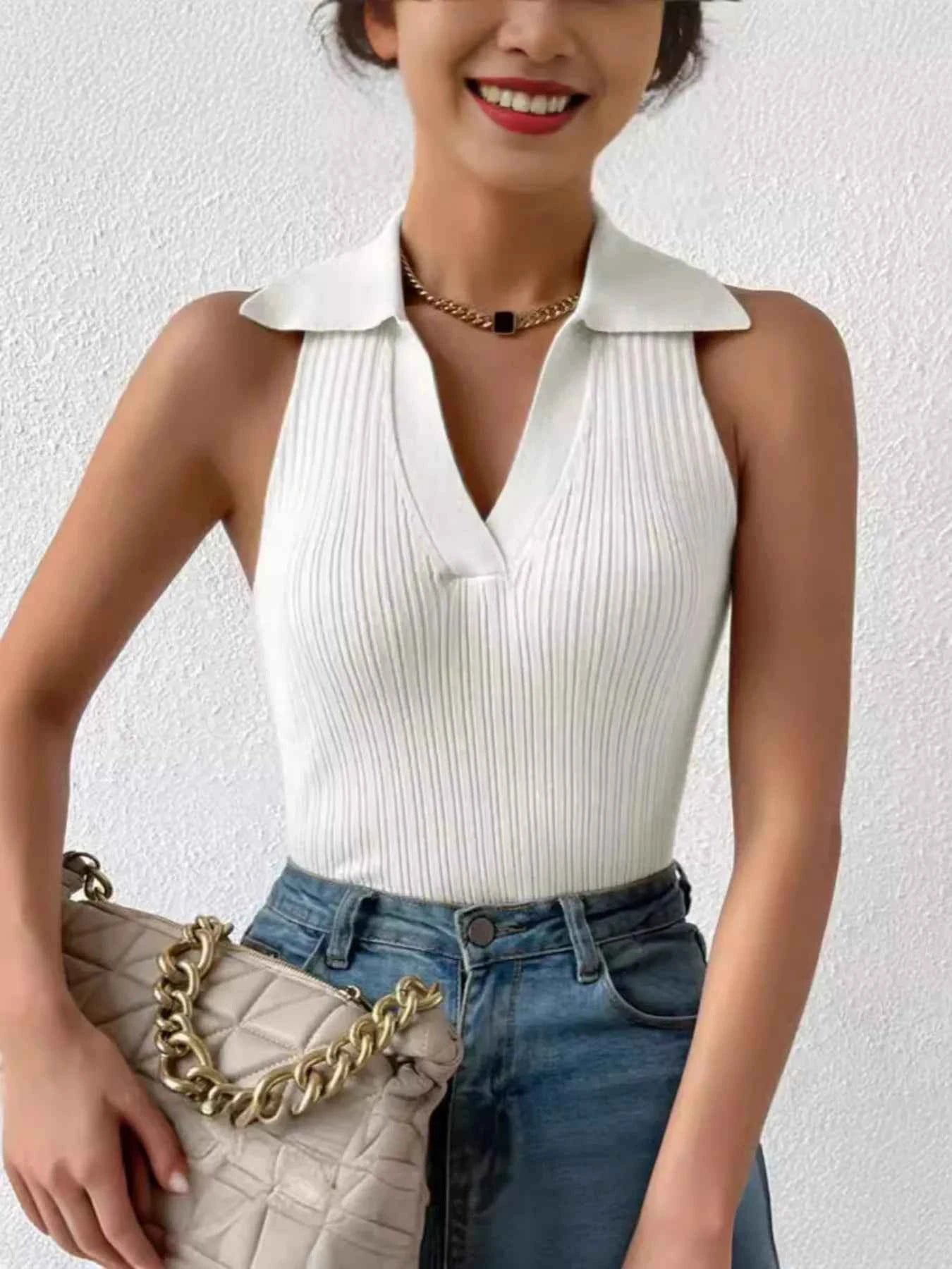 Ribbed Knit Sleeveless Polo Collar Tank Top White 5b097b87-3f3d-427a-a93b-048d46821c4e-Max-Origin
