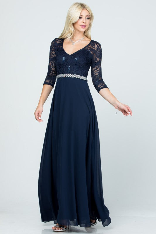 A-Line Lace Evening Dress – 3/4 Sleeve Rhinestone Waist Gown for Women 5b121c9b-d3f3-4eba-853e-3cee2998c74a