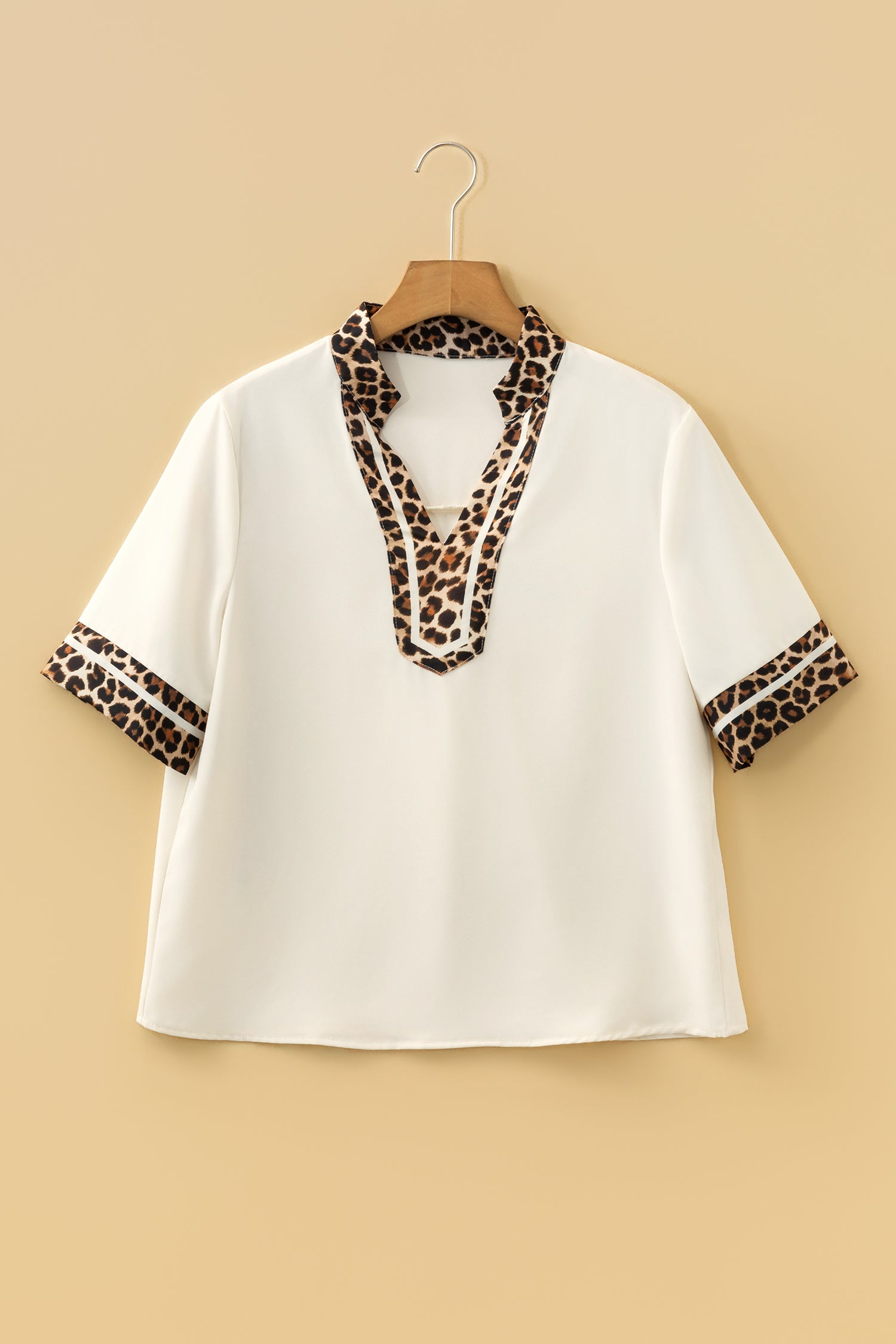 Jet Stream Leopard Patchwork Trim Split Neck Short Sleeve Blouse 5b14e8317691aaac