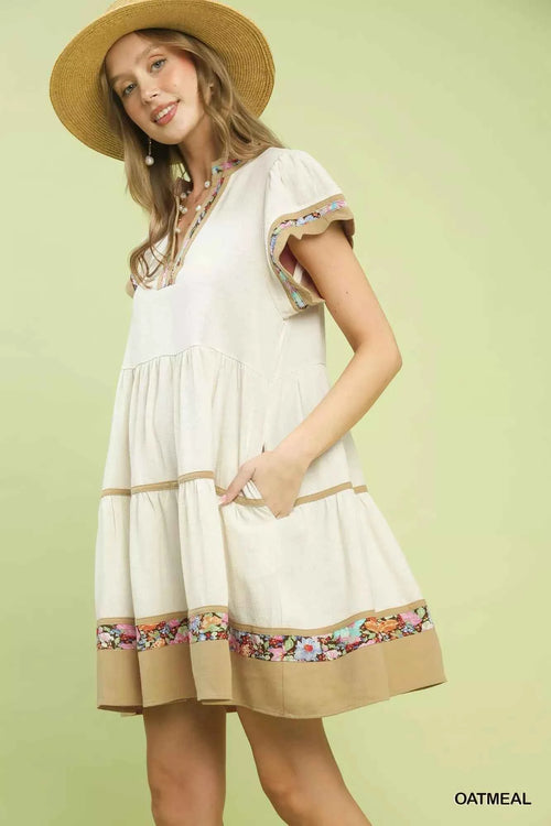 Umgee Linen Tiered Flutter Sleeve Dress with Floral Trim 5b17f912-5d7c-4a4d-ad49-e99498ad7b1e-Max-Origin