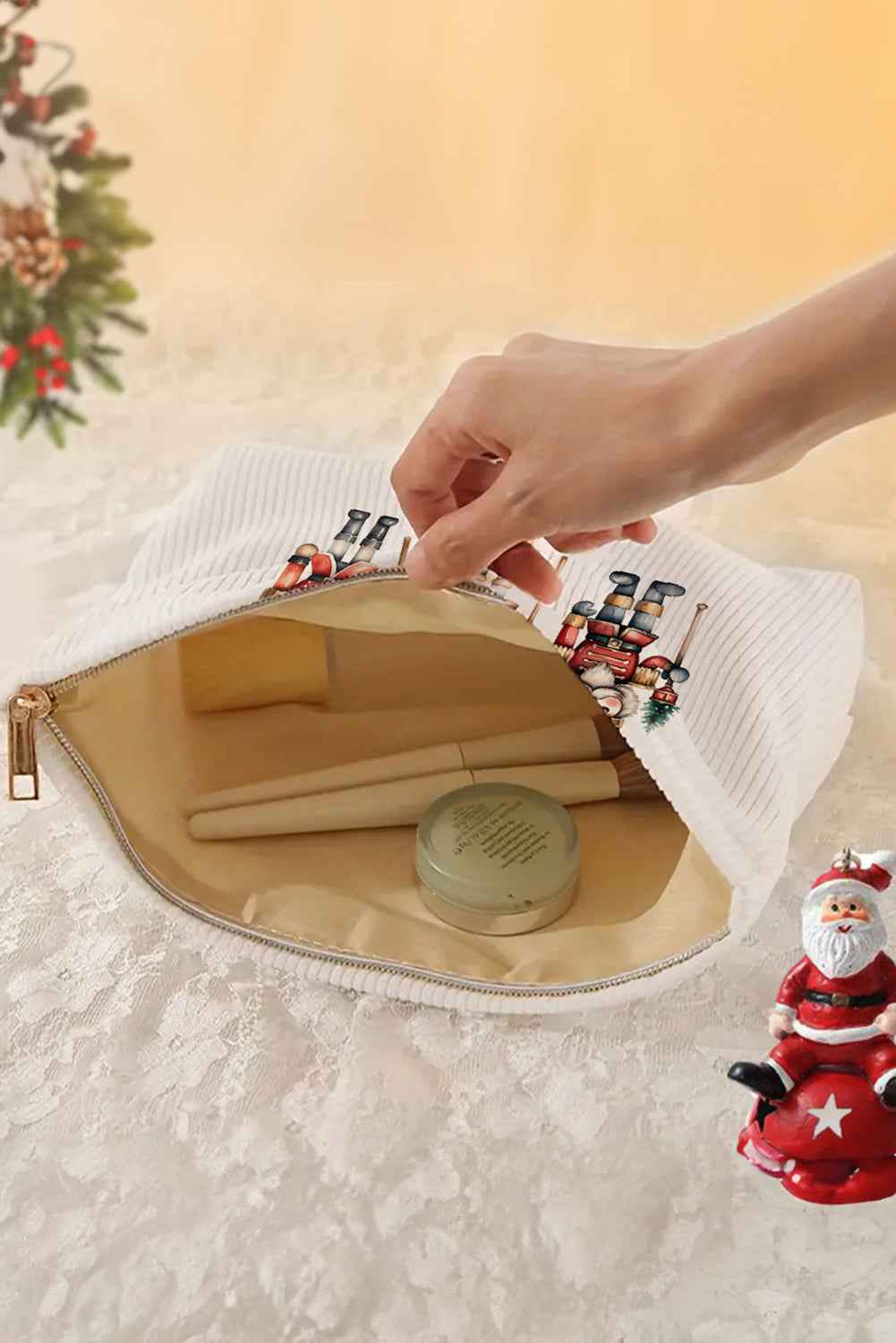 Pink Christmas Santa Claus Corduroy Zip Up Cosmetic Bag 5b19184d1f8cfb3e