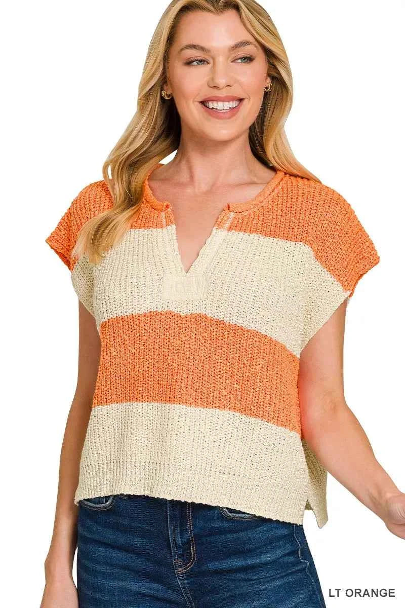 Zenana Split Neck Sleeveless Stripe Sweater LT ORANGE 5b194f39df1447a5a015b0a13a629d2d-Max-Origin