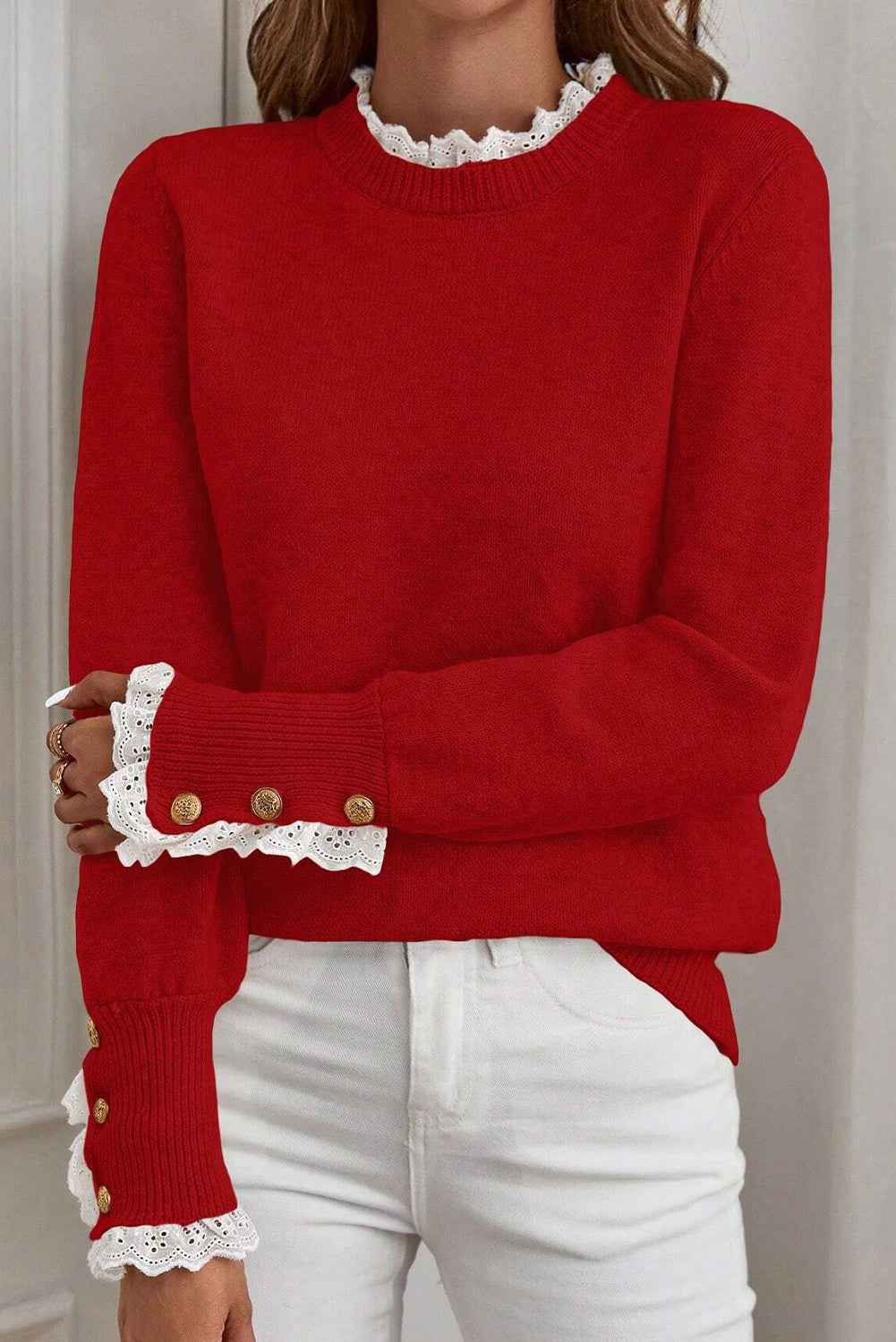 Racing Red Lace Trim Patchwork Buttoned Cuffs Loose Sweater Racing Red 50%Acrylic+27%Polyester+23%Polyamide 5b1a7f5524aa8fef
