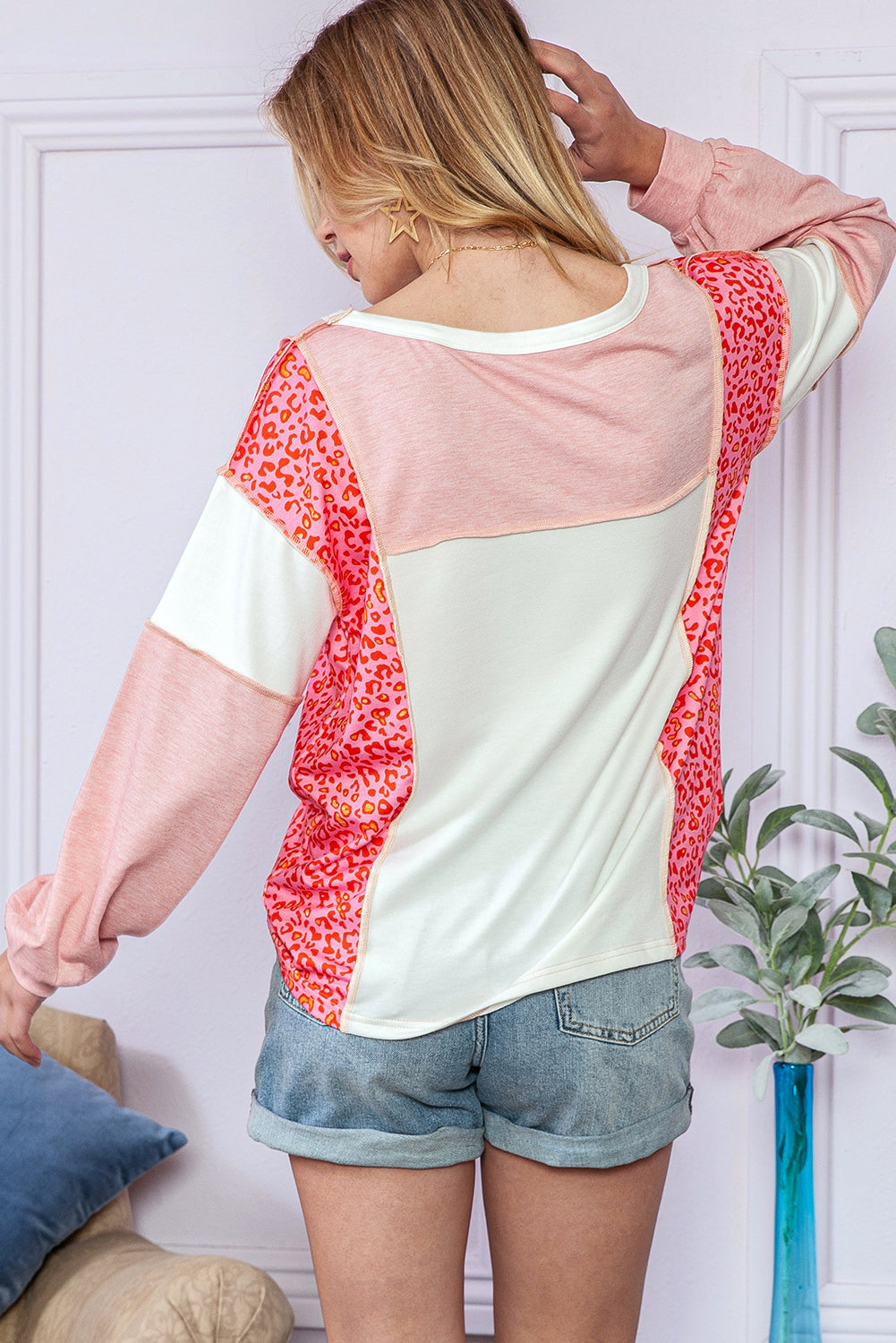 Peach Blossom Patchwork Long Sleeve Round Neck Top 5b1b7d79fdacc5b4