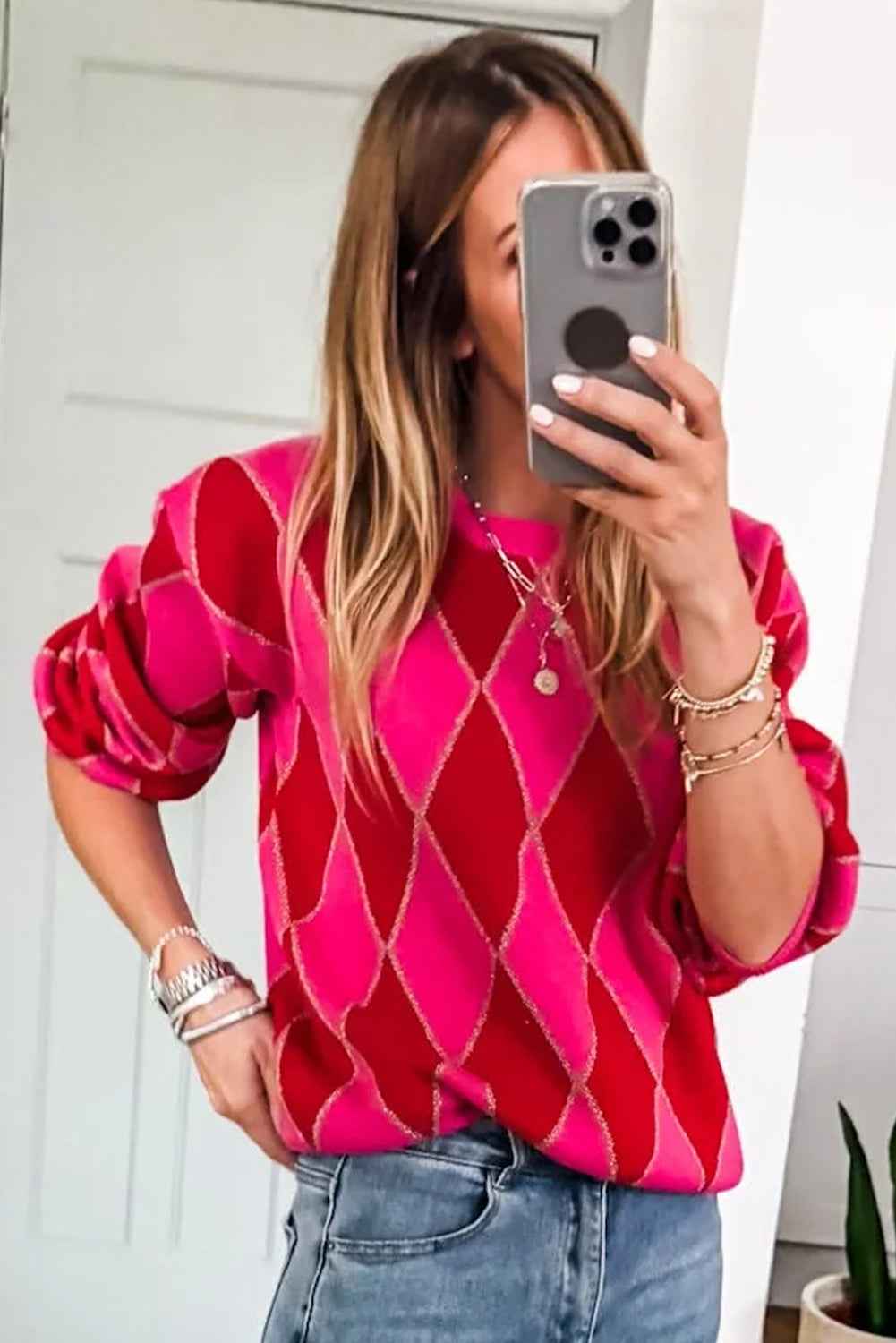 Rose Red Glitter Rhombus Pattern Knit Womens Casual Sweater 5b1bcc7362a184b9