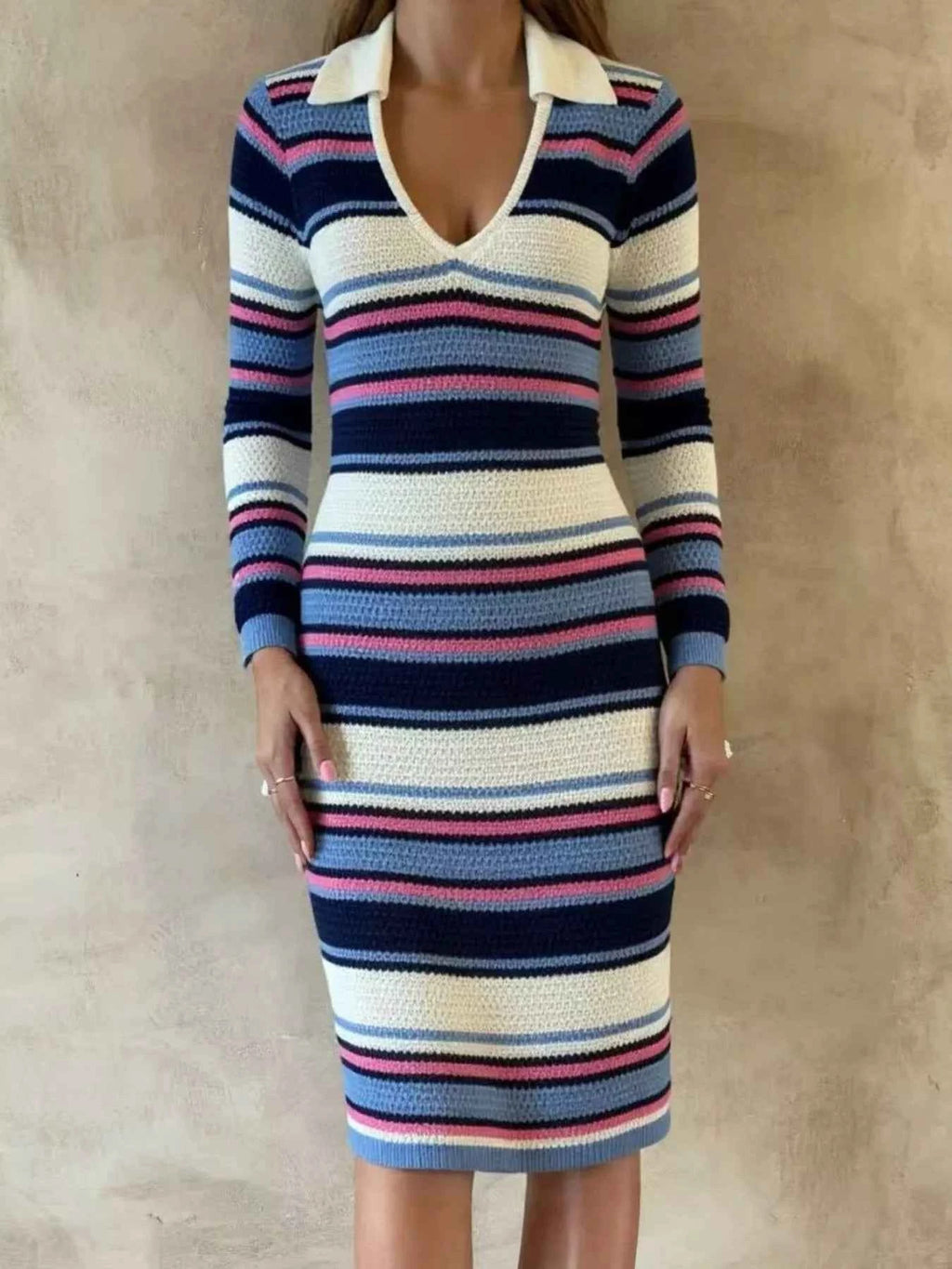 Striped Knitted Bodycon Sweater Dress Blue 5b1d6a6a-a0dd-4df7-897e-943fd2d1e995-Max-Origin