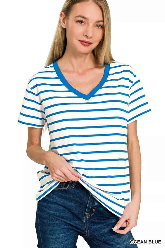 Zenana Striped V-Neck Short Sleeve T-Shirt 5b1ed5a240c4459c80f2e7c2a8cf788c-Max-Origin