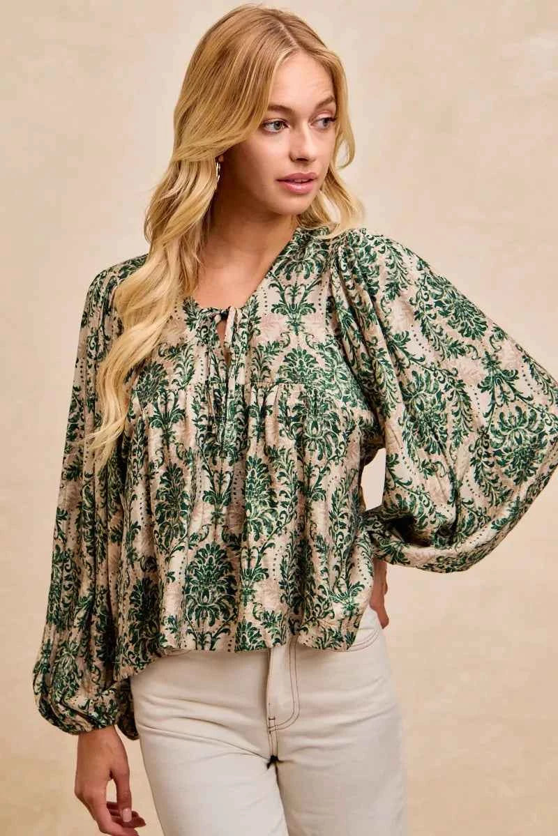 BiBi Printed Woven Front Tied Blouse with Baloon Sleeve 5b1f8b03587f4c15a232c4f4cf7c8cca-Max-Origin