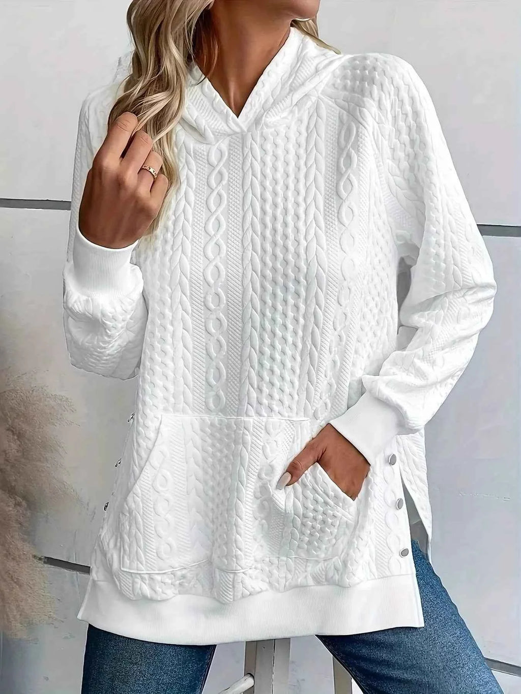 Cable Texture Hoodie with Side Button White 5b2381e2e72943b49d5397a746fa5f64-Max-Origin
