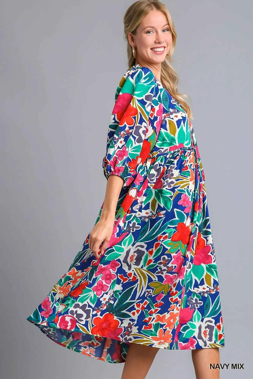 Umgee Floral Print Tie Neck Midi Dress with Pockets
