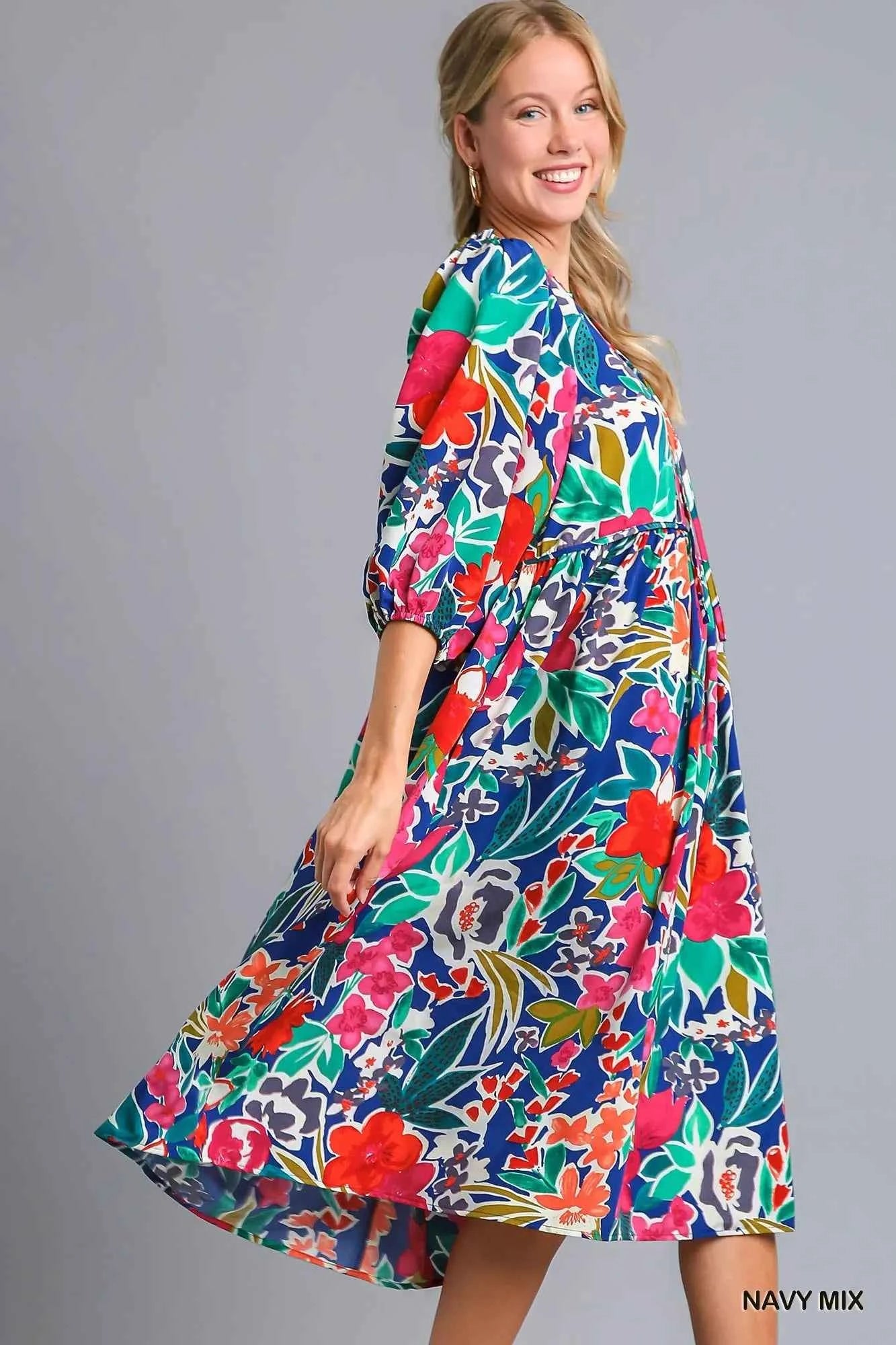 Umgee Floral Print Tie Neck Midi Dress with Pockets