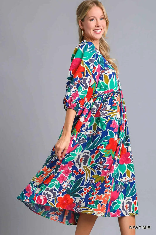 Umgee Floral Print Tie Neck Midi Dress with Pockets 5b247219-dfd6-48c6-be04-dcd5fa3a1a0b-Max-Origin