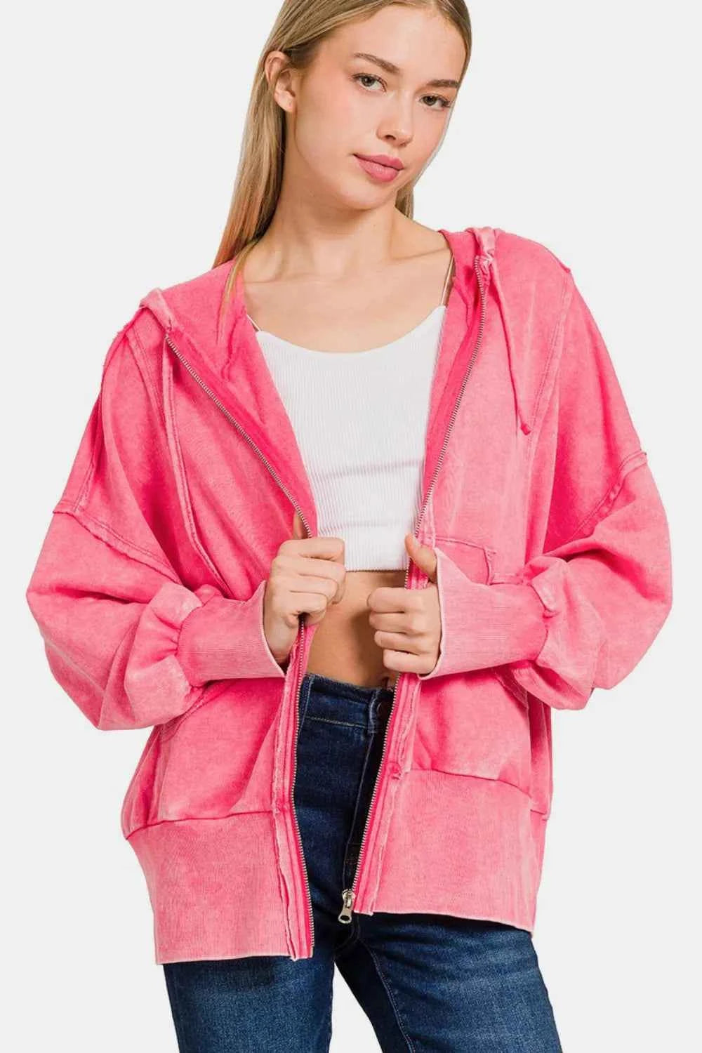 Zenana Acid Washed French Terry Zip-Up Hoodie with Pockets Fuchsia 5b2bfffb-4329-4287-84fc-3566f64a1fe7-Max