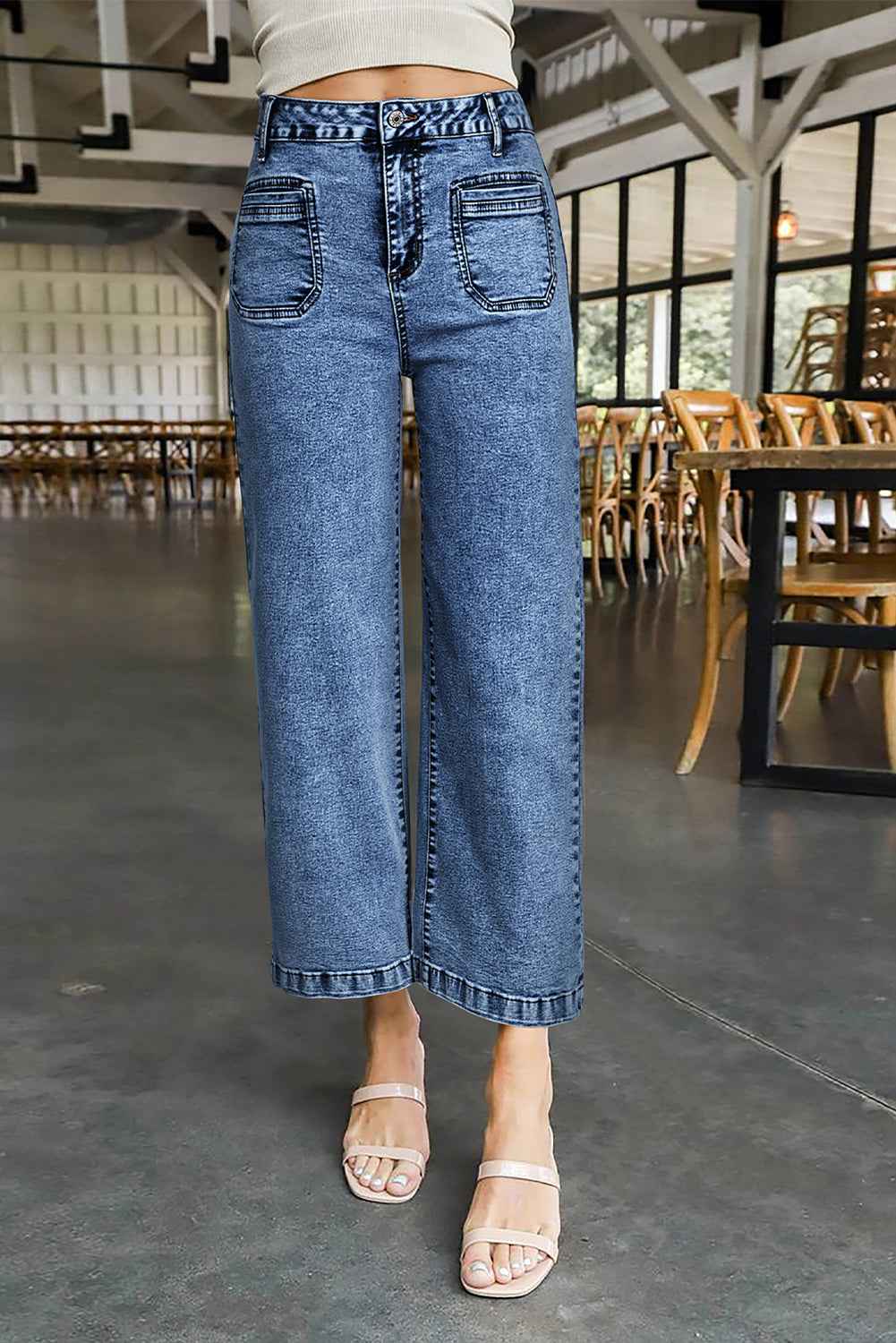 Sky Blue Chic Patch Pocket Straight Leg Loose Jeans 5b3429302859ab8a