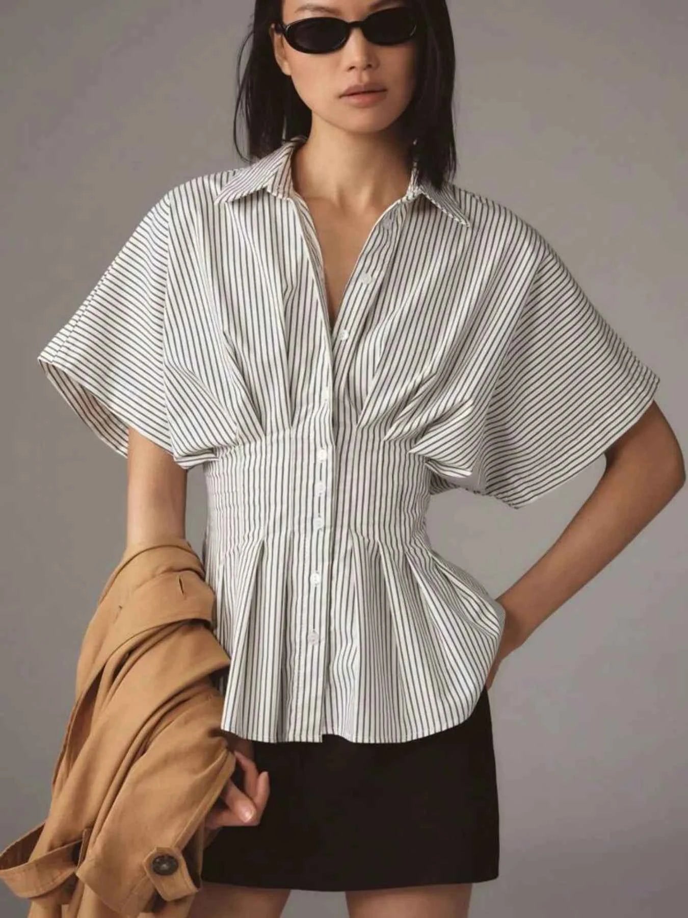 Striped Short Sleeve Button-Up Shirt Light Gray 5b37a5bc-b18a-4d3f-a407-ecc8ba78f8df-Max-Origin
