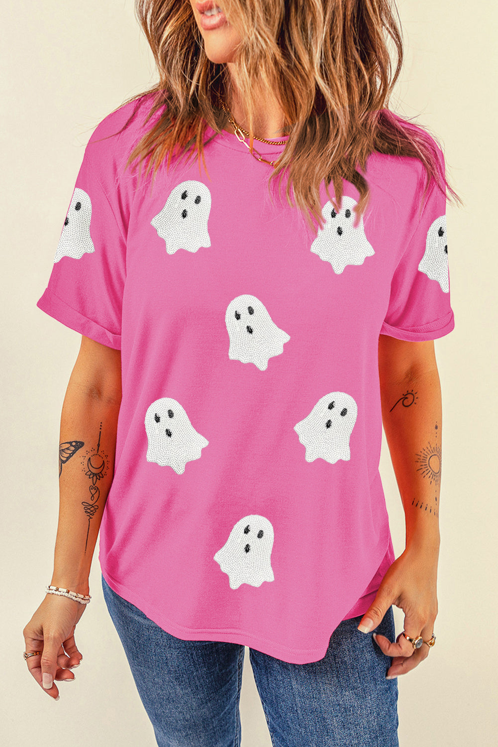 Sachet Pink Halloween Ghost Sequins Patch Casual T Shirt 5b4835100f60abab