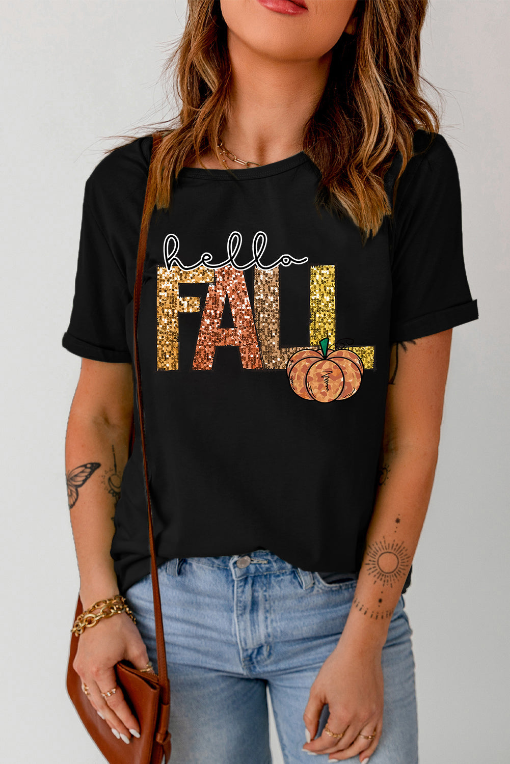 Black Hello Fall Letter Pumpkin Heat Transfer Printing T Shirt 5b4dbb3d3e5dfe05