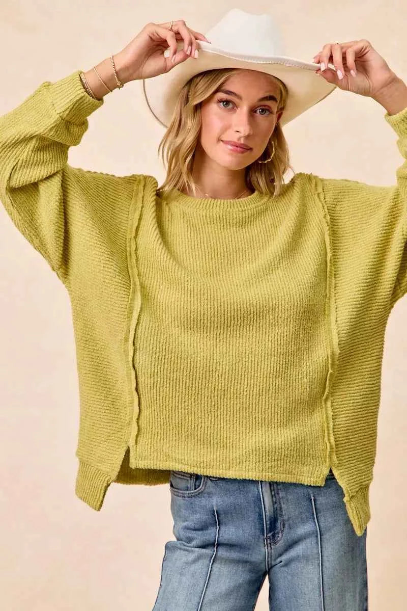 BiBi Boucle Rib Knit Uneven Hem Sweater With Open Seam LIME 5b4e628801d74fdf919154e4f6c858b7-Max-Origin