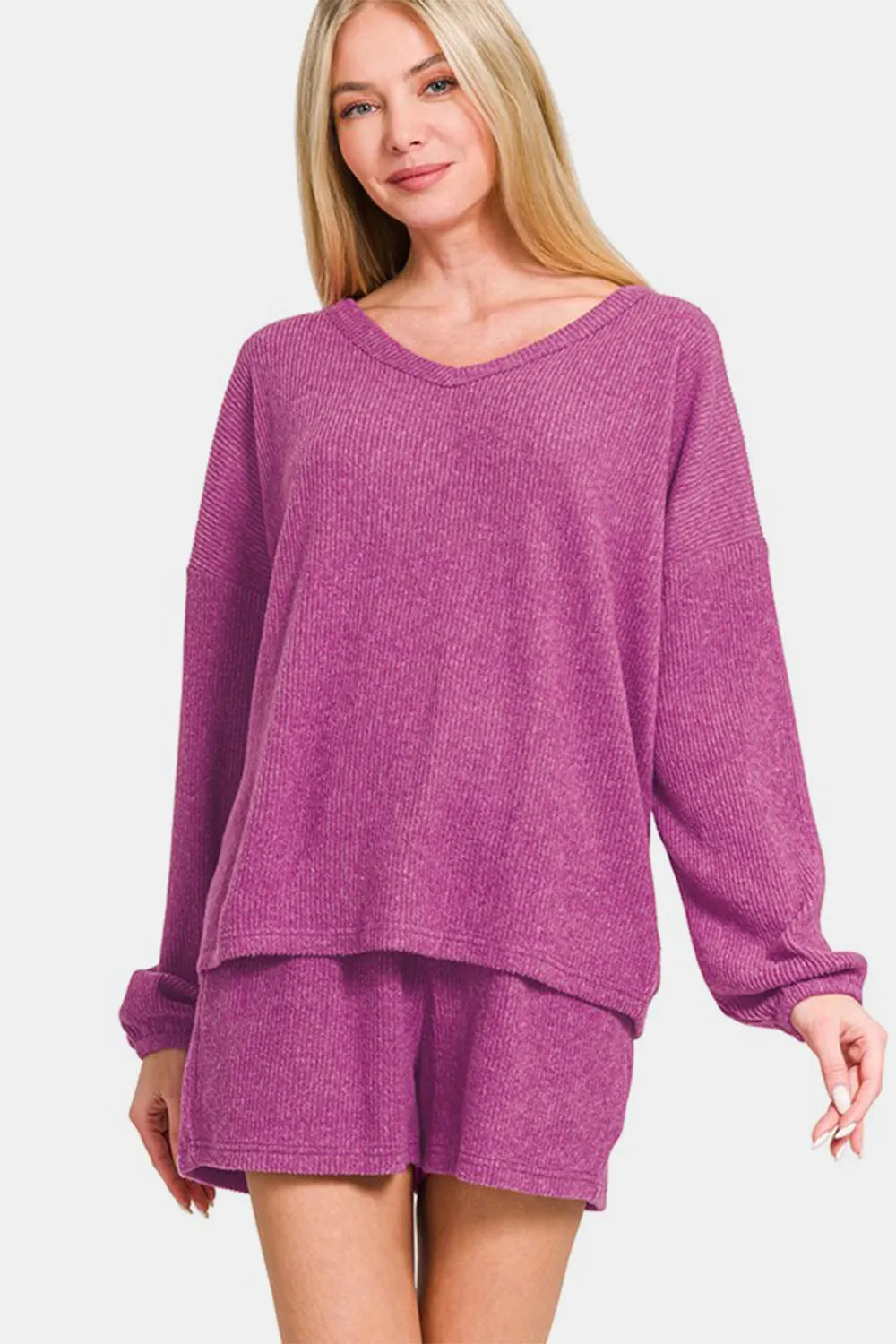 Zenana V-Neck Long Sleeve Ribbed Top and Shorts Set Red-Violet 5b4e6df4-0343-46ef-bee8-b167cace333b-Max