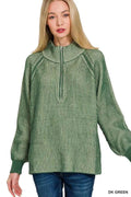 Zenana Ribbed Two Tone Half Zip Sweater DK GREEN 5b5e2cefa9174116b454819f3c20f3dc-Max-Origin