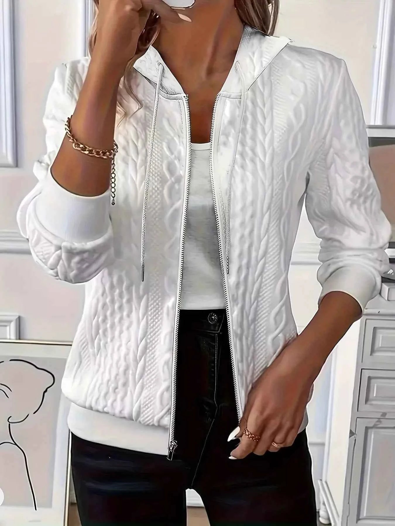 Drawstring Zip Up Long Sleeve Hoodie White 5b5ec7e21b73418189288a3833377c4e-Max-Origin