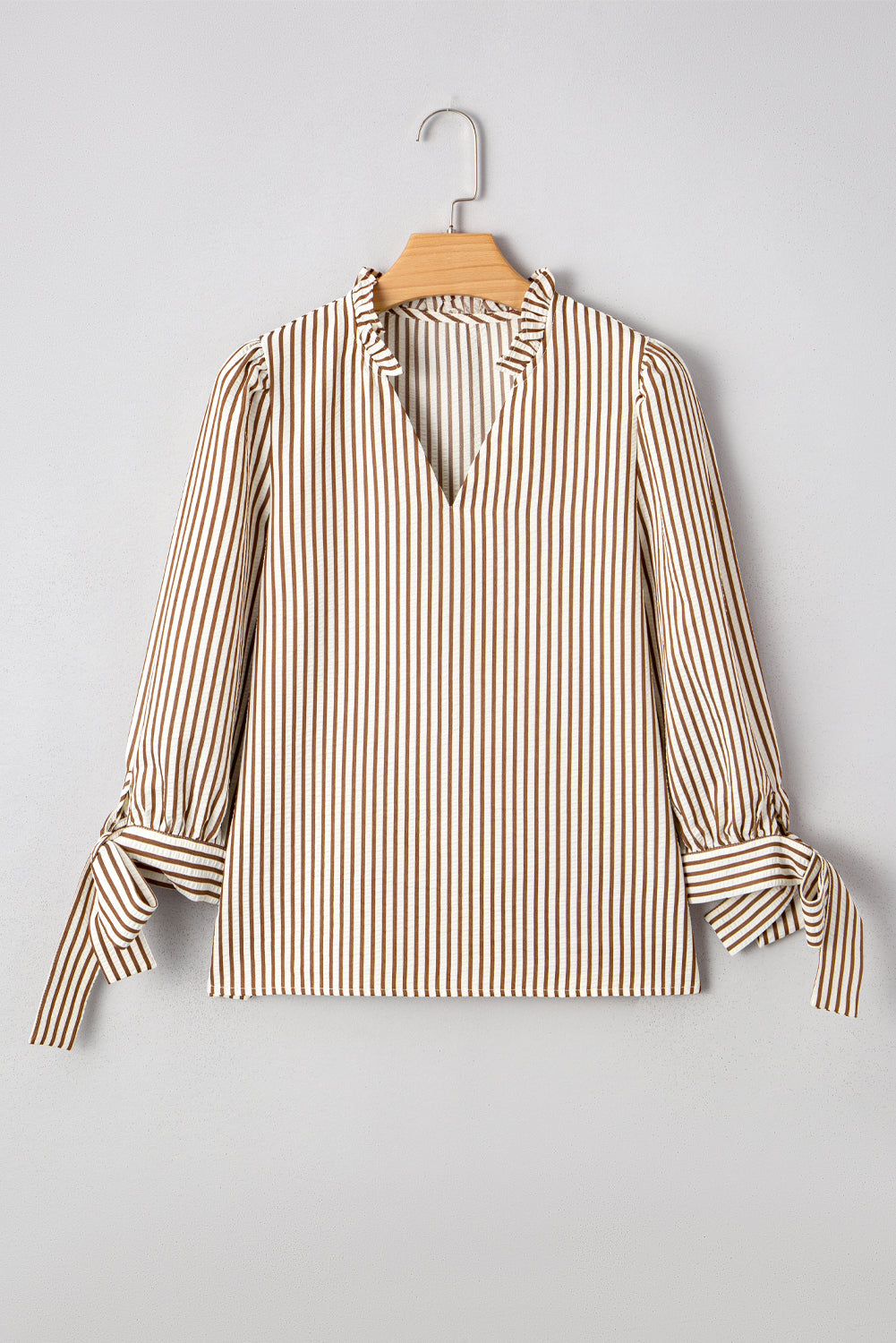 Straw Yellow Striped Frill V Neck Knot Bracelet Sleeve Blouse 5b62dd1170bf6931