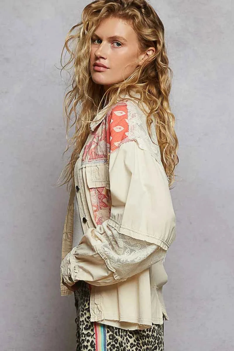 POL Printed Woven Mix Raw Hem Jacket with Lace Detail 5b675cb5-2840-4812-b542-7e785b7fe256-Max-Origin