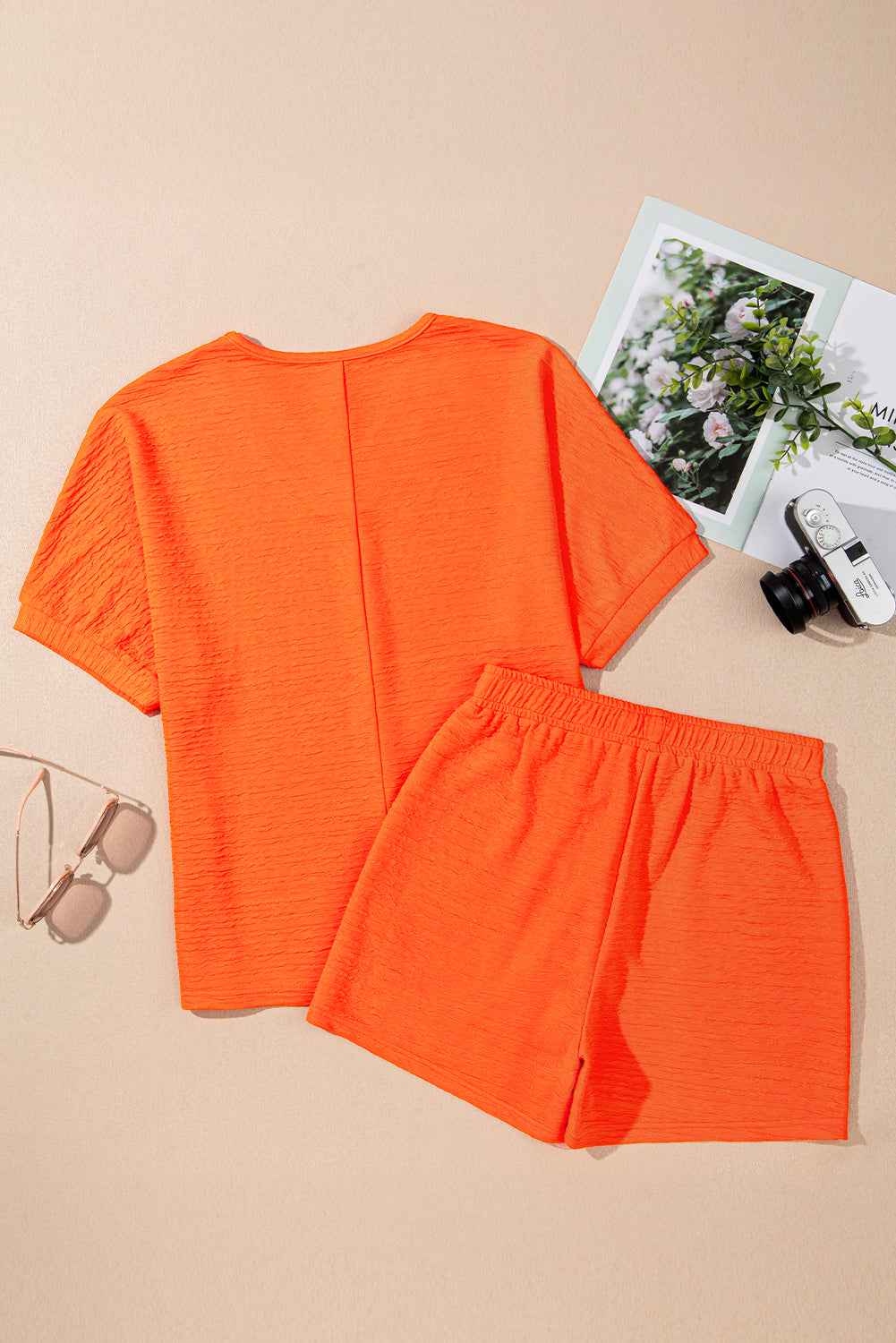 Pink Textured V Neck T Shirt and Shorts Set 5b6c314c0b6ef661
