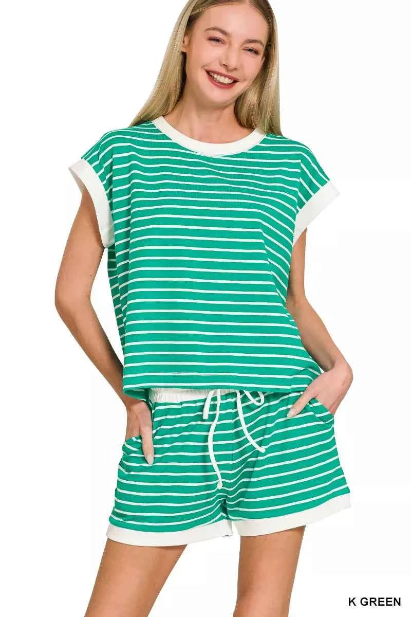 Zenana Stripe Contrast Trim Top & Shorts Set K GREEN 5b6e2180b1174d808c4fb3166b594b8c-Max-Origin
