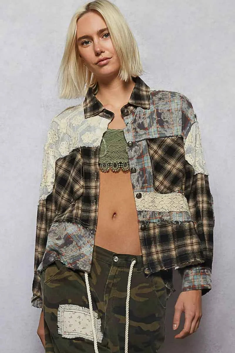POL Lace Patchwork Plaid Oversized Shirt Black 5b784e7d-4864-4f2e-b7d9-550be876562d-Max-Origin