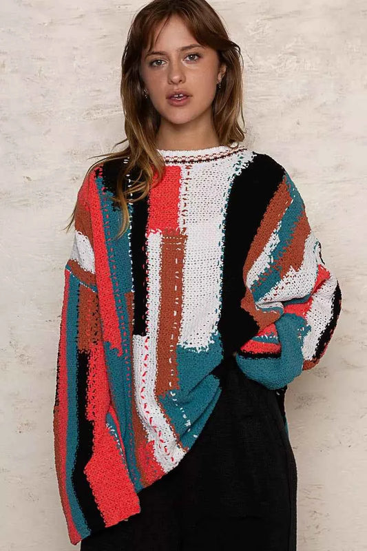 Color Block Round Neck Oversized Sweater RED IVORY 5b7aad9b-f42e-443f-8534-a45e3d535ba7-Max-Origin
